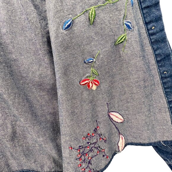 Vtg Bobbie Brooks Embroidered Denim Floral Shirt XL Floral Pintuck Blue Collar - Picture 2 of 16